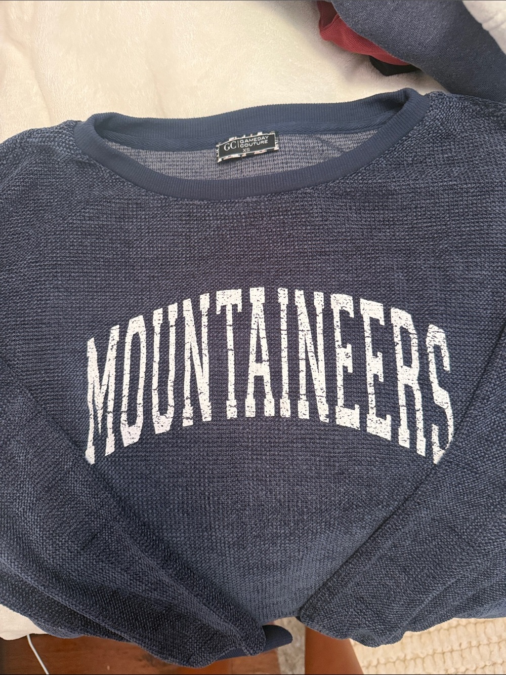 GG Collection Navy Crewneck Sweater with 'Mountaineers' Chest Print